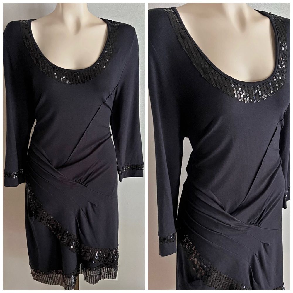 São Paulo Black Sequin Cocktail Dress Size 8 Asymmetrical Draped Holiday Party